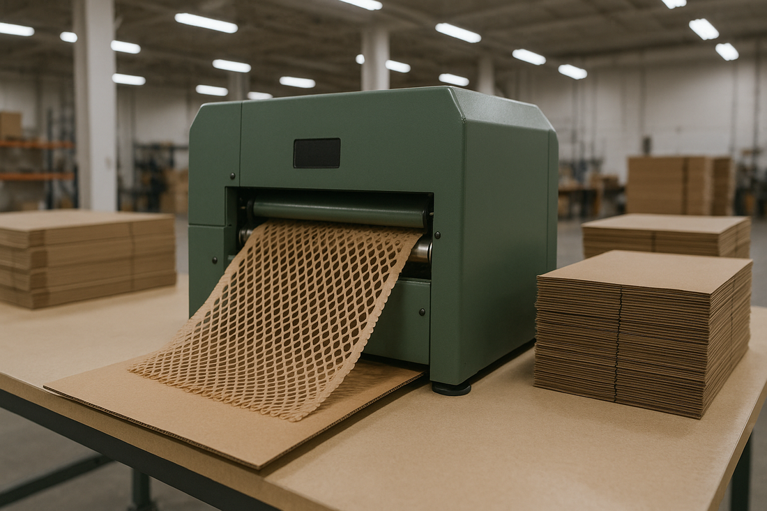 Cardboard perforator converting a flattened box into padded packaging mesh