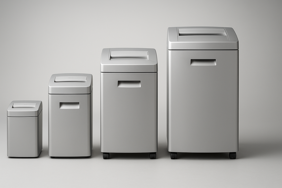 Lineup of four office shredders from desk-side to department size