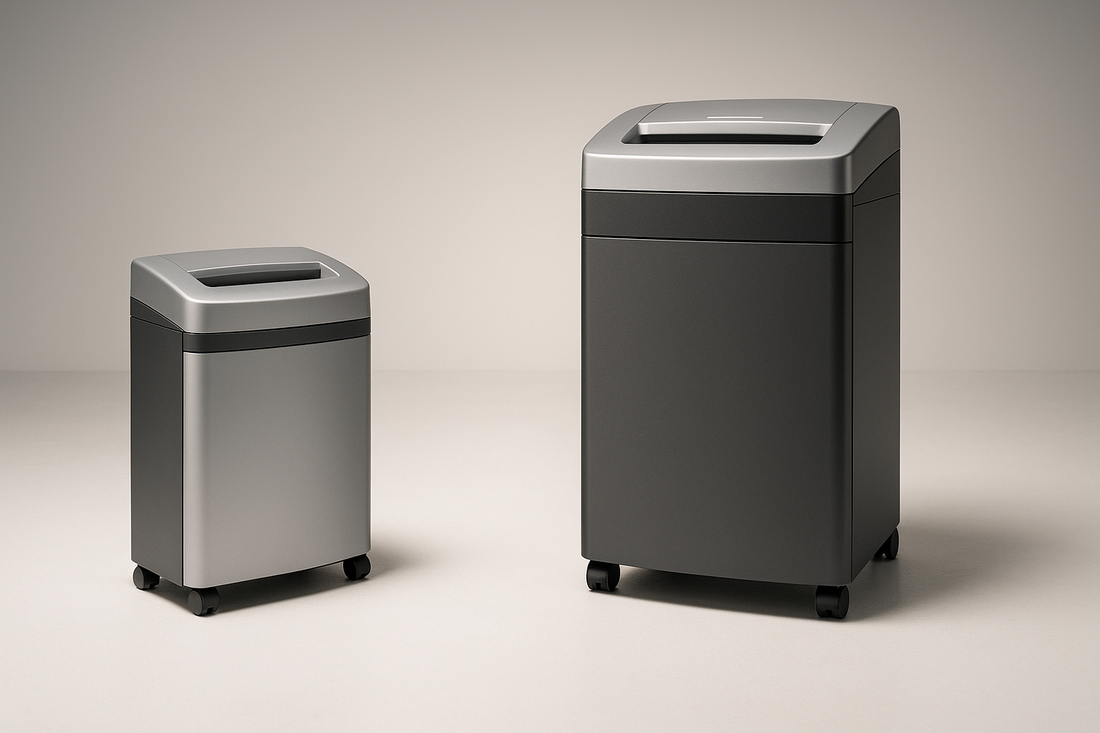 Compact home-office shredder facing a larger professional office shredder