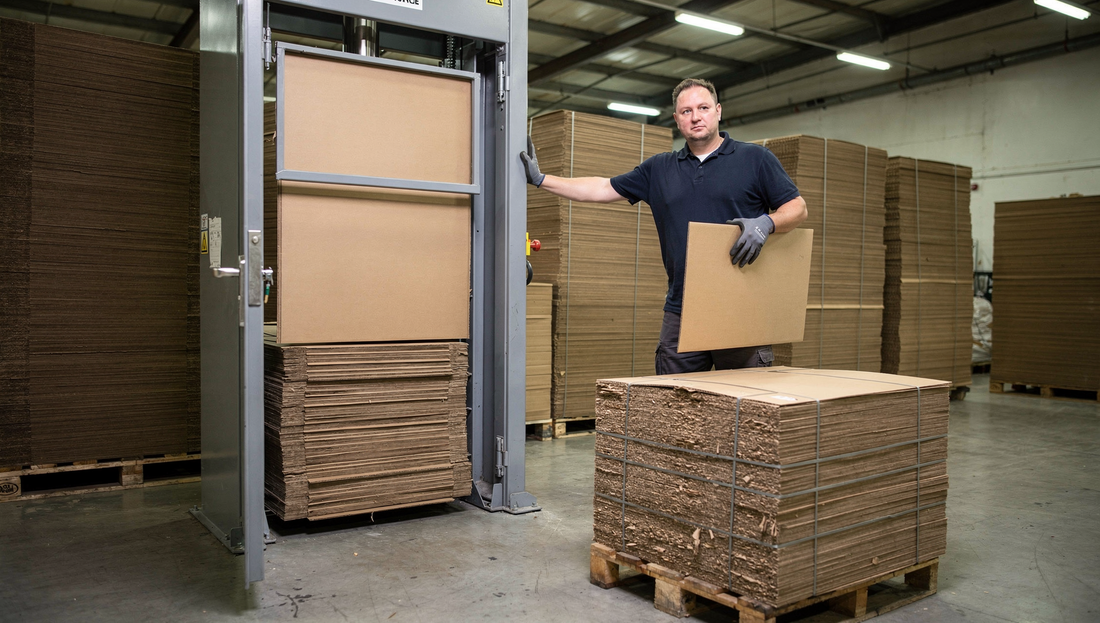 A vertical cardboard baler with its loading door open beside a finished wire-bound bale of compressed cardboard