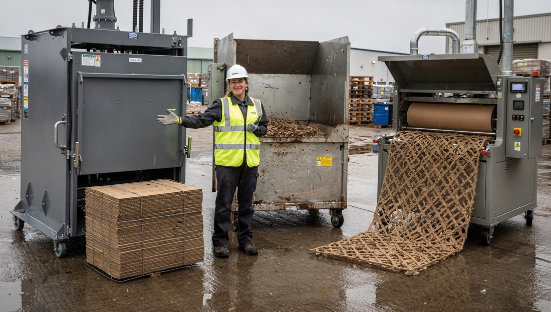 A vertical baler, a steel compactor container and a cardboard shredder side by side in a service yard with their different outputs