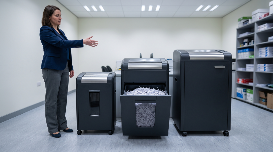 Three professional office shredders stepping up in size side by side