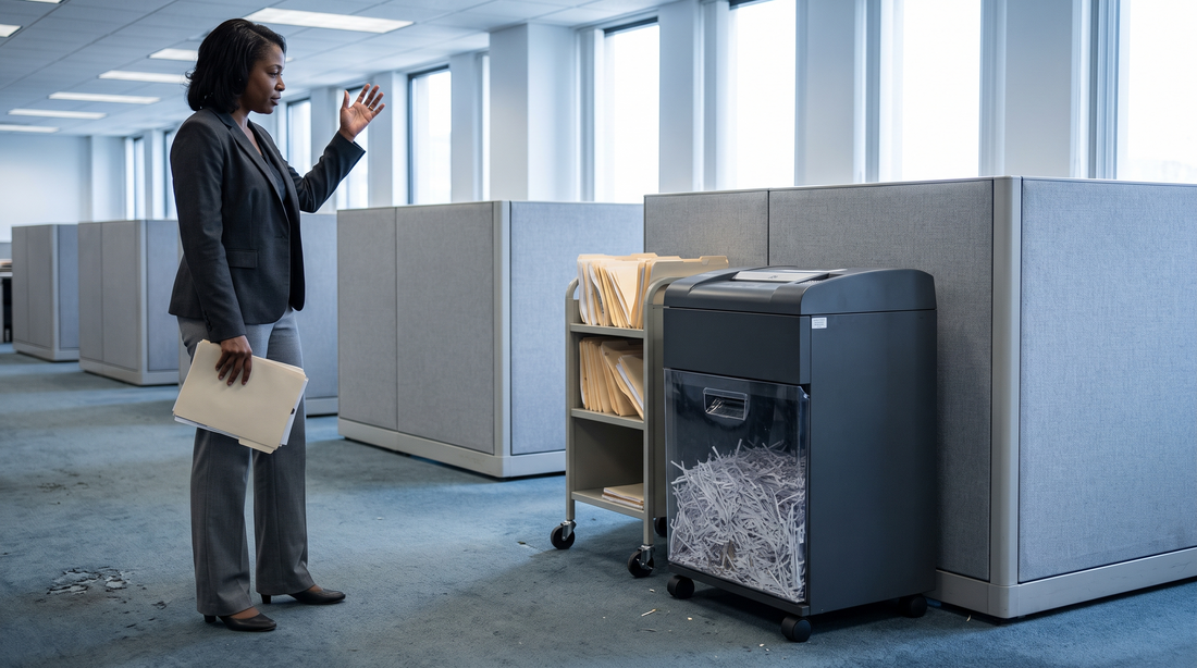 Department shredder and collection cart in a US federal agency open-plan office