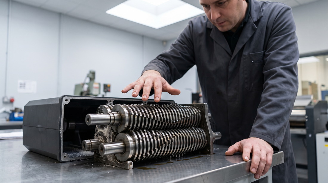 Technician inspecting an exposed hardened steel shredder cutting head on a workbench