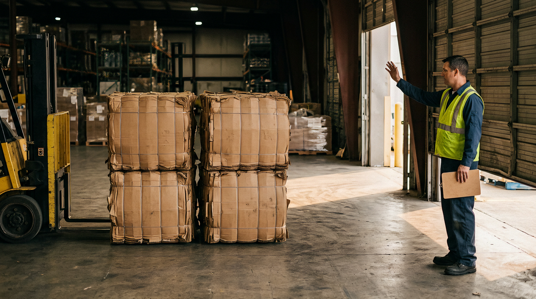 Finished cardboard bales stacked on a warehouse loading dock with a forklift