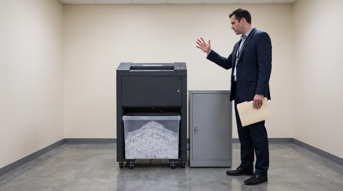 High-security micro-cut shredder and sealed collection console in a secure destruction room