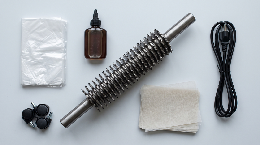 Shredder consumables flat-lay with a toothed cutting shaft, oil, bags, sheets and castors