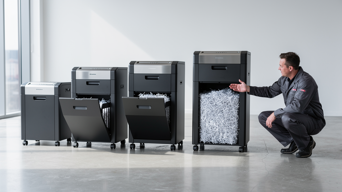 Row of office paper shredders with pull-out waste containers in a document destruction room