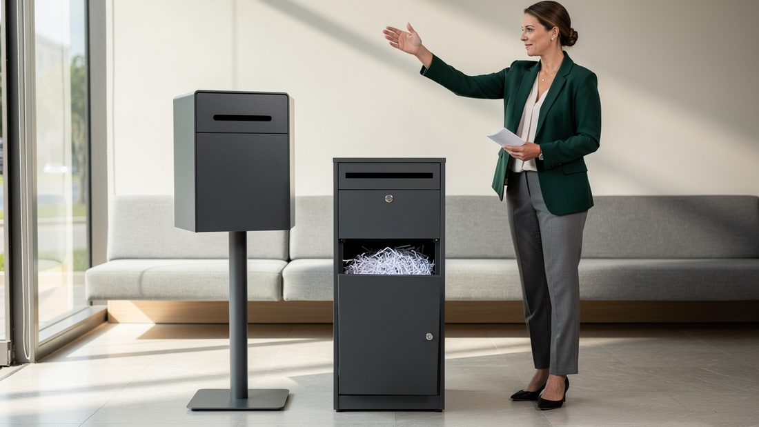 Wall-mounted locked deposit box with a narrow slot in a quiet office corridor