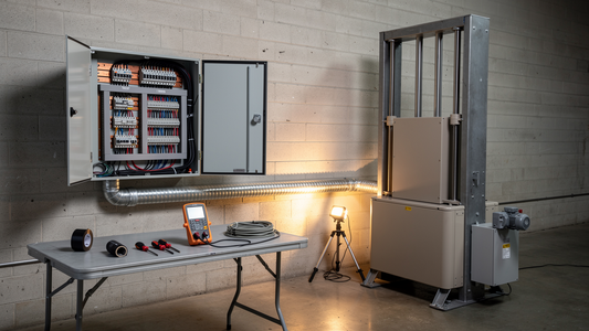 An open electrical distribution panel with breakers and conductors beside a vertical baler connected by flexible metallic conduit