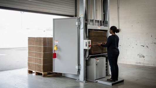 A vertical cardboard baler on a retail dock with its loading door open, a padlocked isolator and a finished cardboard bale alongside