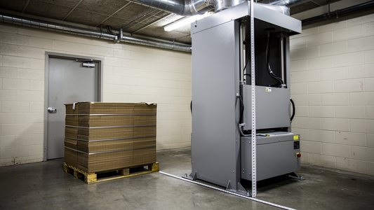 A tall vertical cardboard baler standing in a tight back room with its top platen housing close beneath ceiling ductwork