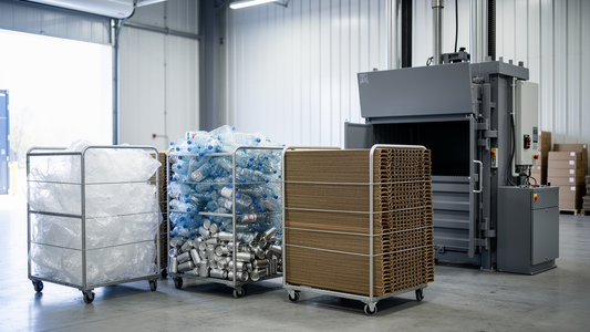 Four wheeled cages of separated shrink film, plastic bottles, aluminium cans and flattened cartons beside a vertical baling press