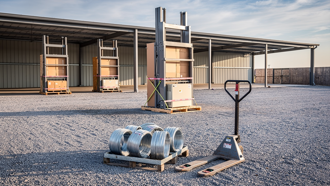 A vertical cardboard baler strapped upright on a pallet in an equipment rental yard with more balers under a canopy behind