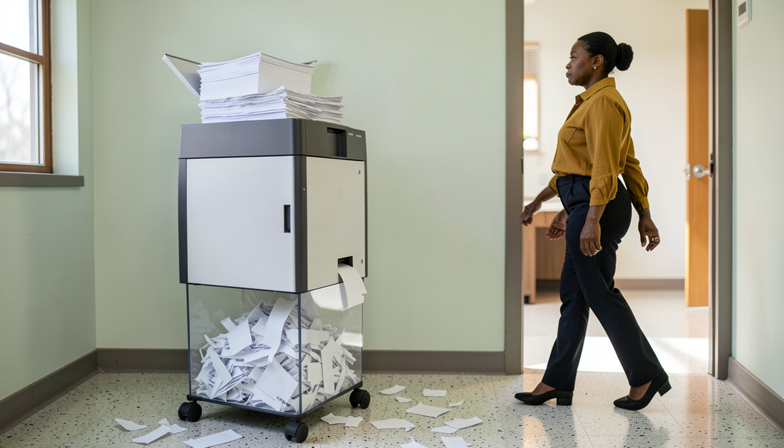 A tall auto-feed office shredder with a stack of paper in its top loading tray and a clear bin of shredded strips below