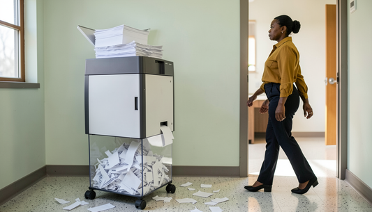 A tall auto-feed office shredder with a stack of paper in its top loading tray and a clear bin of shredded strips below