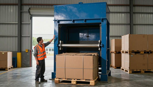 Warehouse operative beside a large vertical baling press with a bound cardboard bale on a pallet