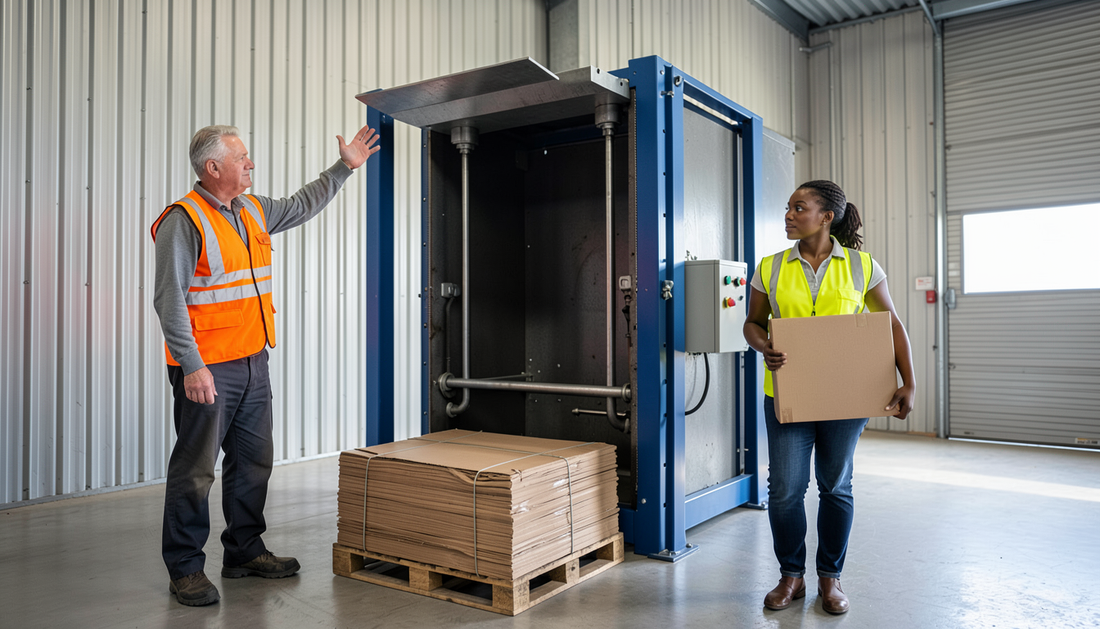 A tall vertical cardboard baler in a warehouse with a finished wire-bound bale of compressed cardboard on a pallet