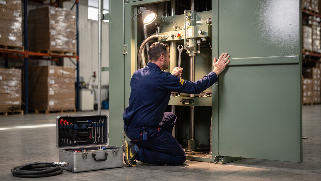 A service engineer kneeling at a vertical baler with the side access panel removed, exposing the hydraulic cylinder and hoses
