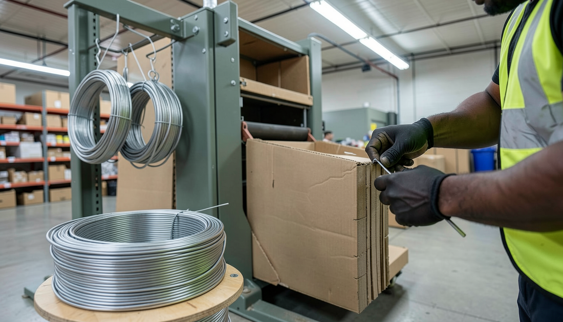 Bundles of pre-looped baler wire ties and a coil of strapping tape on a pallet next to an HSM V-Press vertical baler