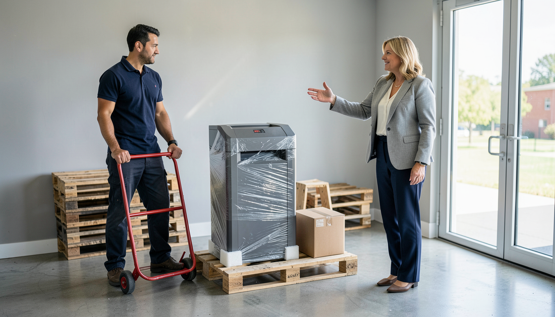 A new shredder wrapped on a pallet at an office goods-in entrance with a delivery driver and an office manager