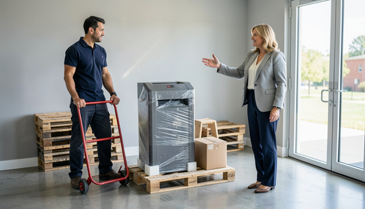 A new shredder wrapped on a pallet at an office goods-in entrance with a delivery driver and an office manager