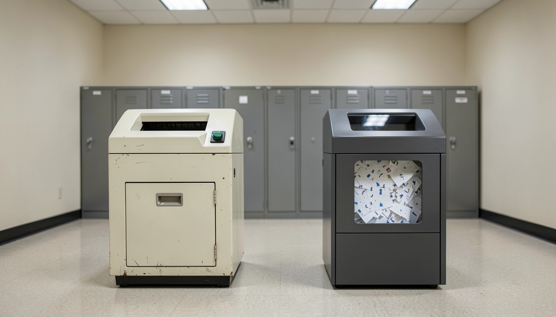 Older cream HSM Classic-era shredder beside a modern dark-grey HSM shredder in a school records office