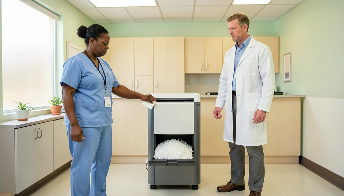 Clinical staff destroying patient paperwork in an HSM micro-cut shredder in a medical practice back office