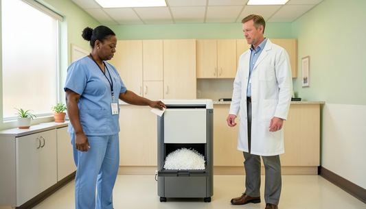 Clinical staff destroying patient paperwork in an HSM micro-cut shredder in a medical practice back office