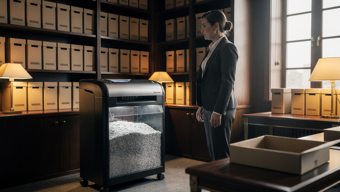 A tall high-security shredder in a law office records room with timber shelving of plain archive boxes