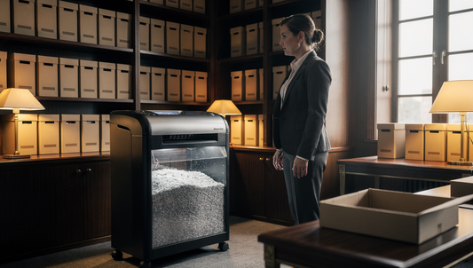 A tall high-security shredder in a law office records room with timber shelving of plain archive boxes