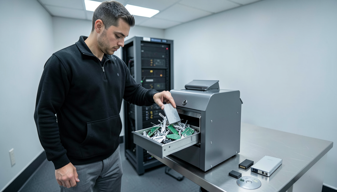 IT technician lowering a hard drive into an HSM StoreEx media shredder with a tray of destroyed metal and circuit board fragments