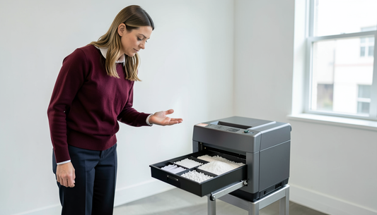 Office manager examining trays of strip cut, cross cut and micro cut paper particles beside an HSM micro cut shredder
