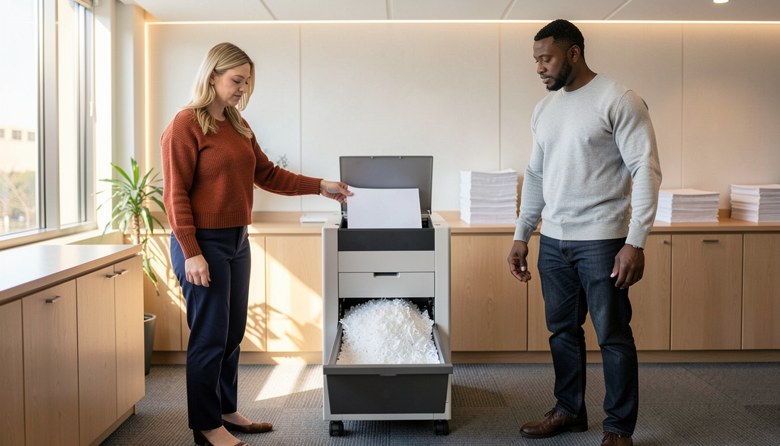 Office worker loading a stack of paper into the auto-feed hopper of a professional HSM shredder