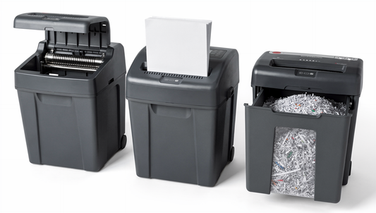 Three compact office shredders in a studio arc, one with its cutting cylinder exposed, one with paper fed into the throat, one with its bin pulled out
