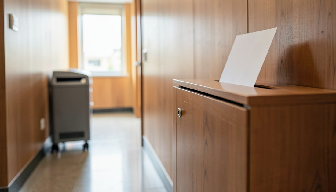 Wooden lockable shred console with a sheet in its slot in a law office corridor, a grey shredder bin cart further down the hall
