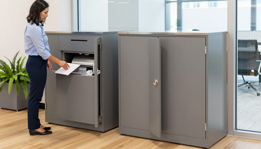 Lockable HSM shredder bins with a deposit slot in a corporate office lobby, one open showing the shredder head and liner bag