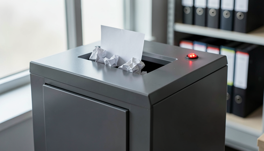 Top of an HSM office shredder with sheets jammed in the feed slot and the red indicator lamp lit