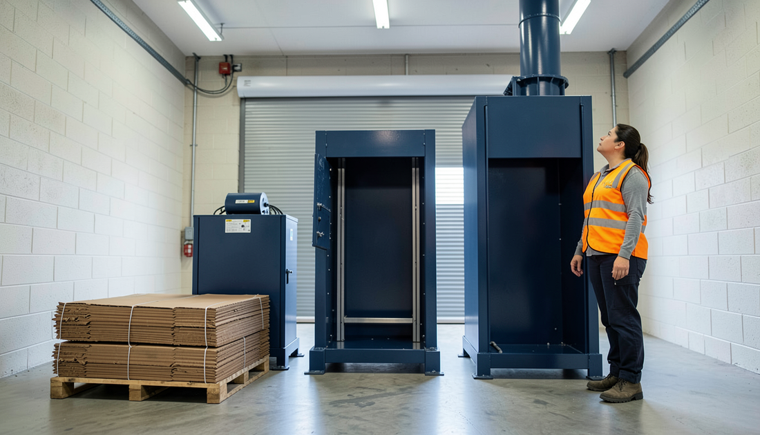 Three vertical balers of increasing size in a waste bay with an operator for scale