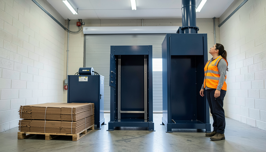 Three vertical balers of increasing size in a waste bay with an operator for scale