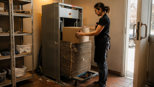 A compact half-height vertical baler fitted into a narrow cafe back room with a small wire-bound bale on a pallet jack beside it