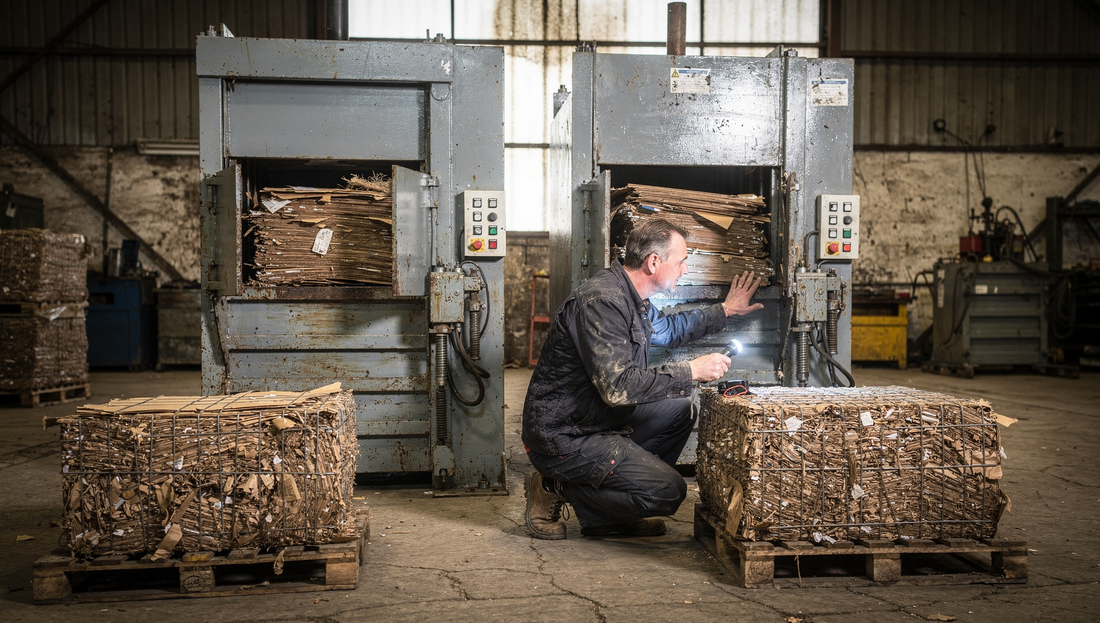 Two second-hand vertical cardboard balers with worn paint in a used machinery yard, a buyer inspecting a cylinder seal with a torch